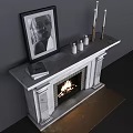 Elegant Marble Fireplace With Framed Painting Books And Candles On Mantel And Burning Fire Inside