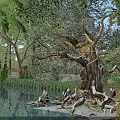 Serene Garden Landscape With Ancient Banyan Tree And Clear Pond Surrounded By Lush Green Plants