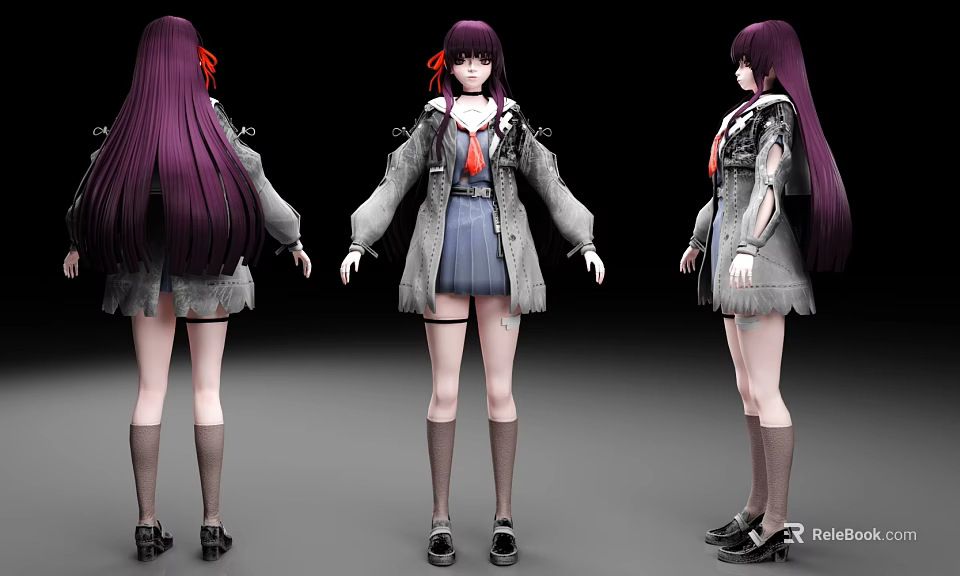 Woman With Purple Long Hair Gray Coat Blue Skirt Black Shoes 3D Front Back Side Views 3d model 