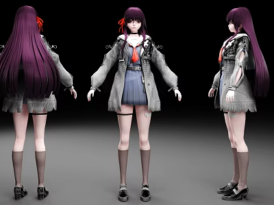 Woman With Purple Long Hair Gray Coat Blue Skirt Black Shoes 3D Front Back Side Views 3d model