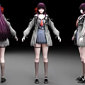 Woman With Purple Long Hair Gray Coat Blue Skirt Black Shoes 3D Front Back Side Views