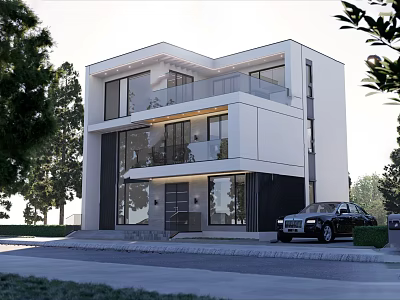 Modern Detached Villa Exterior Design With Large Windows Balconies Black Car And Surrounding Trees 3d model