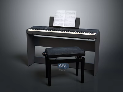 Stylish Digital Piano Setup With Music Stand Sheet Music And Piano Stool 3d model