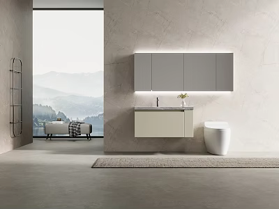 Sleek Modern Bathroom Vanity Cabinet With Mirror Sink And Toilet In Bright Space 3d model