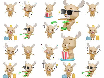 Cute Cartoon Deer Decorative Ornament Set With Various Poses And Accessories 3d model