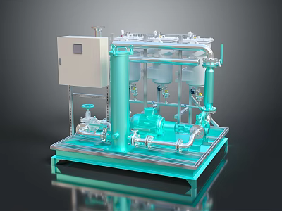 Industrial Electronic Equipment System With Teal Pipes Pumps Filters And Control Panel 3d model