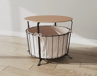 Modern Coffee Table With Round Wooden Top Black Metal Frame And Beige Fabric Storage Basket 3d model