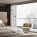 Modern Bedroom Interior Design With Upholstered Headboard Nightstands Floor Lamp And Large Window