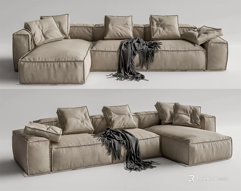 Modern Beige Sectional Sofa With Plush Cushions And Soft Throw Blanket 3d model