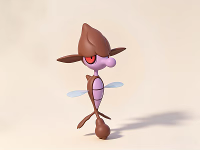 Brown and Purple Cartoon Doll with Red Eyes Hat Shaped Head and Wings 3d model