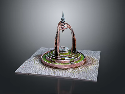 Scenic Landscape Showcasing Circular Fountain With Green Moss Metal Spire And Stone Pavement 3d model