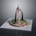 Scenic Landscape Showcasing Circular Fountain With Green Moss Metal Spire And Stone Pavement