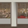 Traditional Bamboo Screen Doors With Plum Blossom Bird Patterns And Red Accents