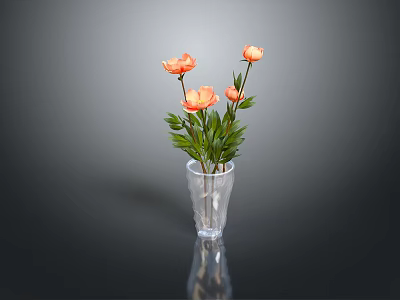 Hand Carved Glass Vase Displaying Orange Flowers On Dark Table With Reflection 3d model