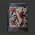 White Ceramic Mug With Blue Border And Red Floral Green Leaf Design
