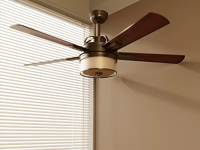 Modern Ceiling Fan Light With Wooden Blades And Ceiling Mount Near Window Blinds 3d model