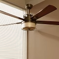 Modern Ceiling Fan Light With Wooden Blades And Ceiling Mount Near Window Blinds