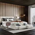 Modern Bedroom Interior With Wooden Wall Panels Large Bed Floor Lamp Window Chair And Rug