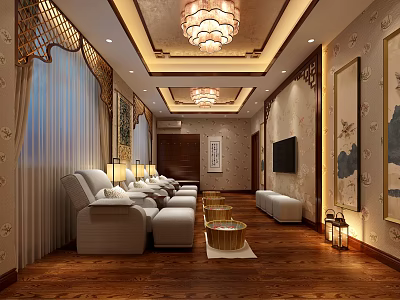 Traditional Chinese SPA Sauna Relaxation Area Interior With Sofas Coffee Tables And Chandeliers 3d model