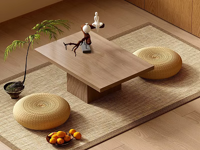 Wooden Coffee Table With Decorative Items And Woven Floor Cushions Near Potted Plant And Fruits 3d model