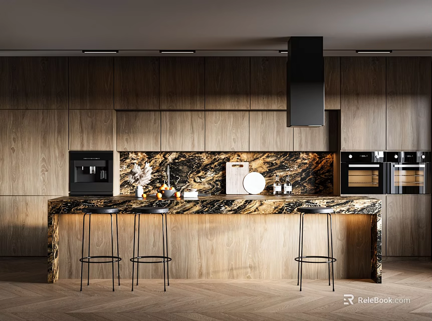 Modern Wooden Kitchen Interior With Marble Island Countertop Bar Stools Coffee Machine And Ovens 3d model 