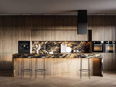 Modern Wooden Kitchen Interior With Marble Island Countertop Bar Stools Coffee Machine And Ovens 3d model