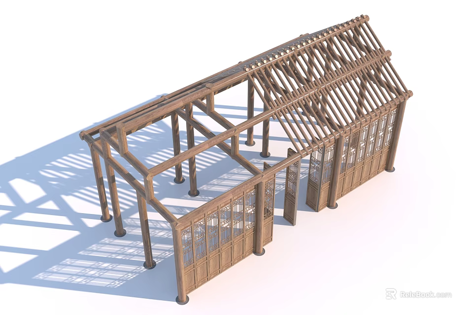 Wooden Building Frame Structure With Roof Truss Supporting Columns And Glass Panels 3d model 