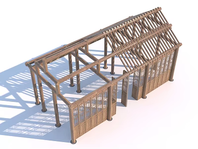 Wooden Building Frame Structure With Roof Truss Supporting Columns And Glass Panels 3d model