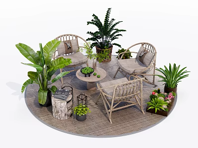 Outdoor Rattan Table And Chair Set With Green Plants On Wooden Deck 3d model