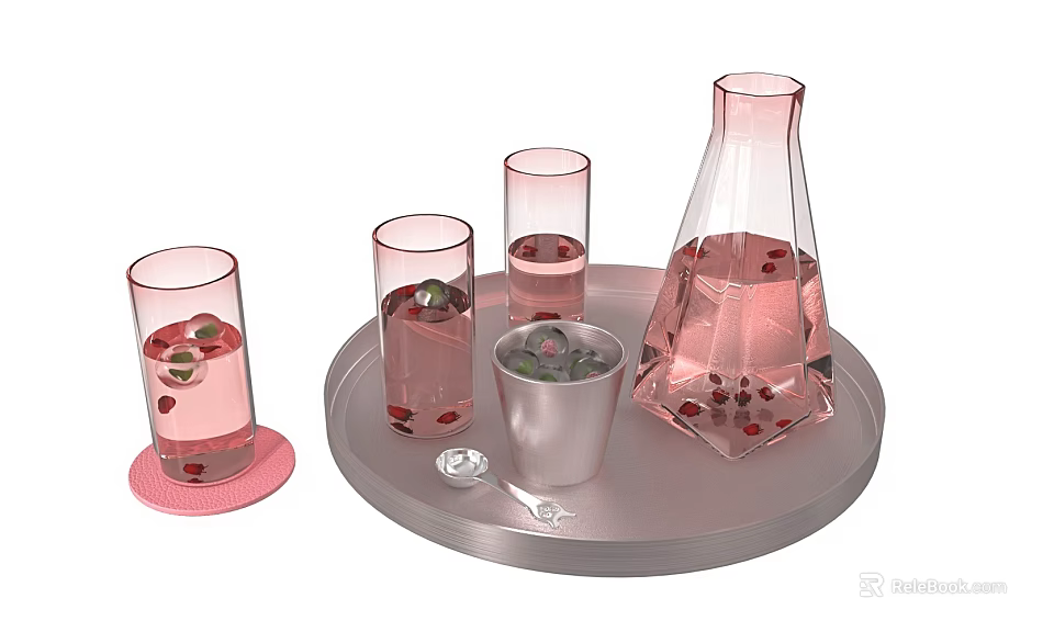 Glass Cups With Red Berries In Liquid On Silver Tray And Pink Pitcher 3d model 