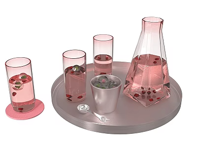 Glass Cups With Red Berries In Liquid On Silver Tray And Pink Pitcher 3d model