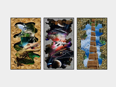 Three Panel 3D Wall Stickers With Dinosaur Spaceship And Stone Bridge Scenes 3d model