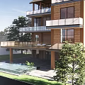 Modern Three Story Detached Villa With Wooden Structure Glass Balcony And Swimming Pool