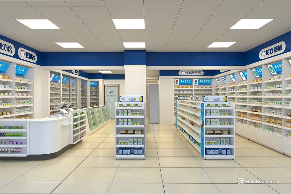 Bright Pharmacy Store Interior With Well Organized Medicine Shelves And Counter 3d model 