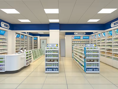 Bright Pharmacy Store Interior With Well Organized Medicine Shelves And Counter 3d model