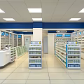 Bright Pharmacy Store Interior With Well Organized Medicine Shelves And Counter