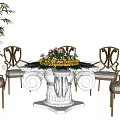 Elegant Round Glass Dining Table Set With Carved White Base And Gold Patterned Chairs 3d model