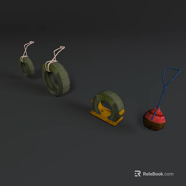 Hanging Tire Swings Made From Repurposed Tires Yellow Stand Red Base Blue Pole 3d model 