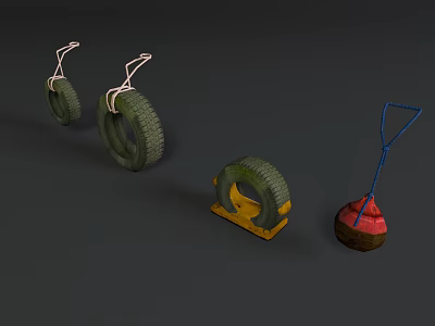 Hanging Tire Swings Made From Repurposed Tires Yellow Stand Red Base Blue Pole 3d model