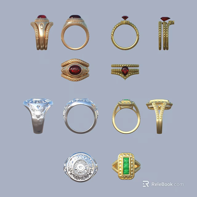 Elegant Vintage Modern Jewelry Rings Gold Silver Studded With Ruby Emerald Diamond Gemstones 3d model 
