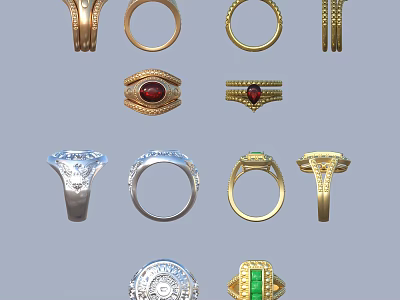 Elegant Vintage Modern Jewelry Rings Gold Silver Studded With Ruby Emerald Diamond Gemstones 3d model