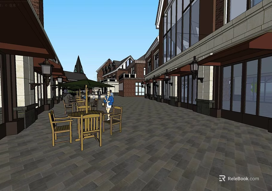 Traditional And Modern Buildings On Commercial Street With Outdoor Seating And Street Lamps 3d model 