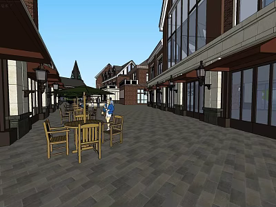 Traditional And Modern Buildings On Commercial Street With Outdoor Seating And Street Lamps 3d model