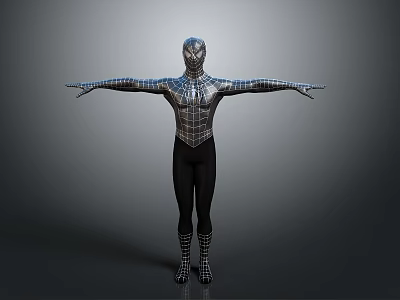 Spider Man Costume Figure With Arms Outstretched Black And Silver Web Pattern On Gray Background 3d model