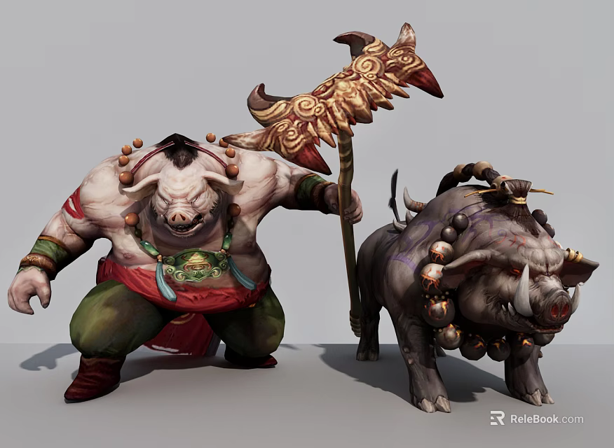 Muscular Pig Warrior With Decorated Battle Axe And Spiked Armor Boar Companion 3d model 