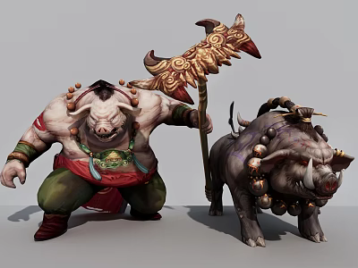 Muscular Pig Warrior With Decorated Battle Axe And Spiked Armor Boar Companion 3d model