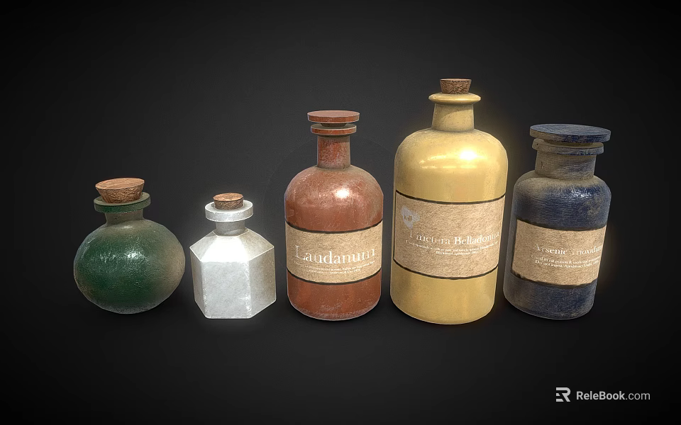 Medical Glass Bottles With Various Colors Shapes Cork Stoppers And Labels 3d model 