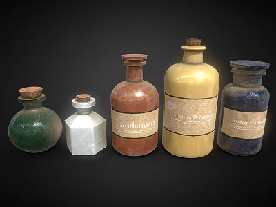 Medical Glass Bottles With Various Colors Shapes Cork Stoppers And Labels 3d model