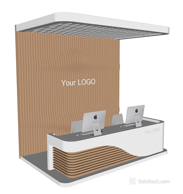 Modern Reception Desk With Wavy Wooden Backdrop Logo Display And Computers 3d model