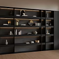 Modern Black Bookshelf Interior Design With Layered Shelves And Decorative Items